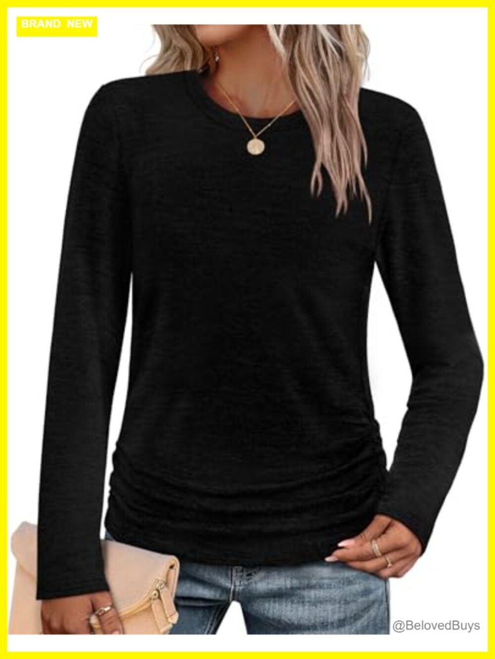 Sampeel Womens Ruched Long Sleeve Tunic Sweater Crew Neck Pullover Top
